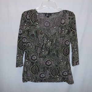 AB Studio Very Flattering Adorable Knit Top In a Green & Brown Print